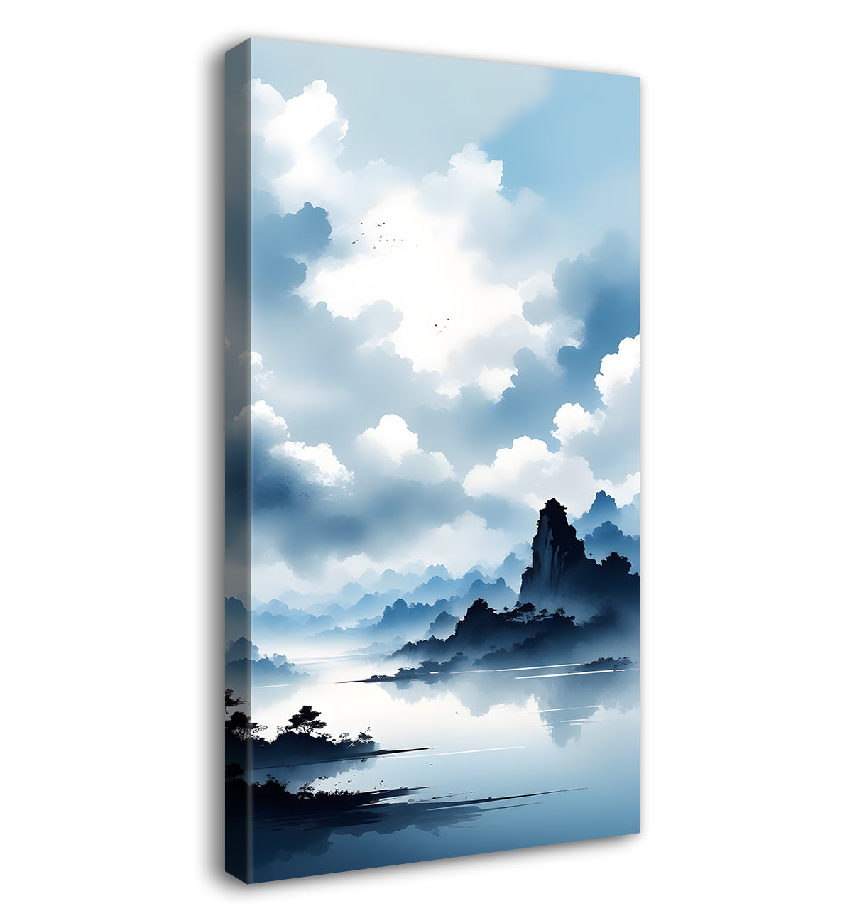 Mountains with river in cloudy sky in textured water colour painting Canvas Painting - Nature Art -V-119