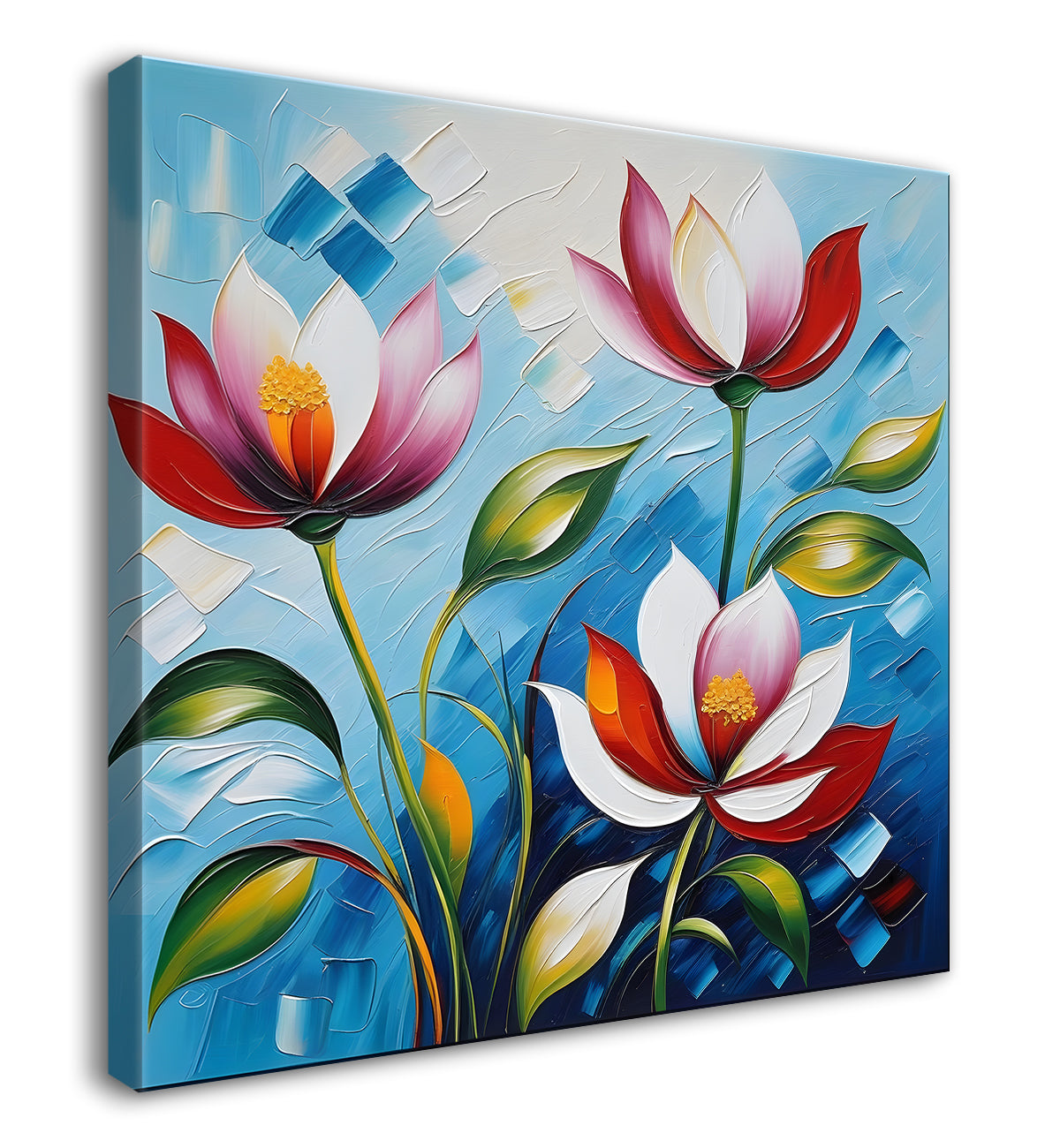 Pink flowers in blue background textured painting - Flower-S-11