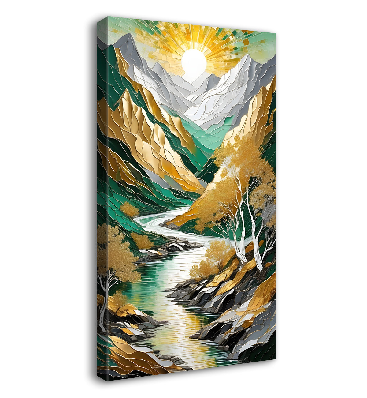 Green mountains with golden treesand white moon textured natural art  Canvas Painting - Nature Art -V-11