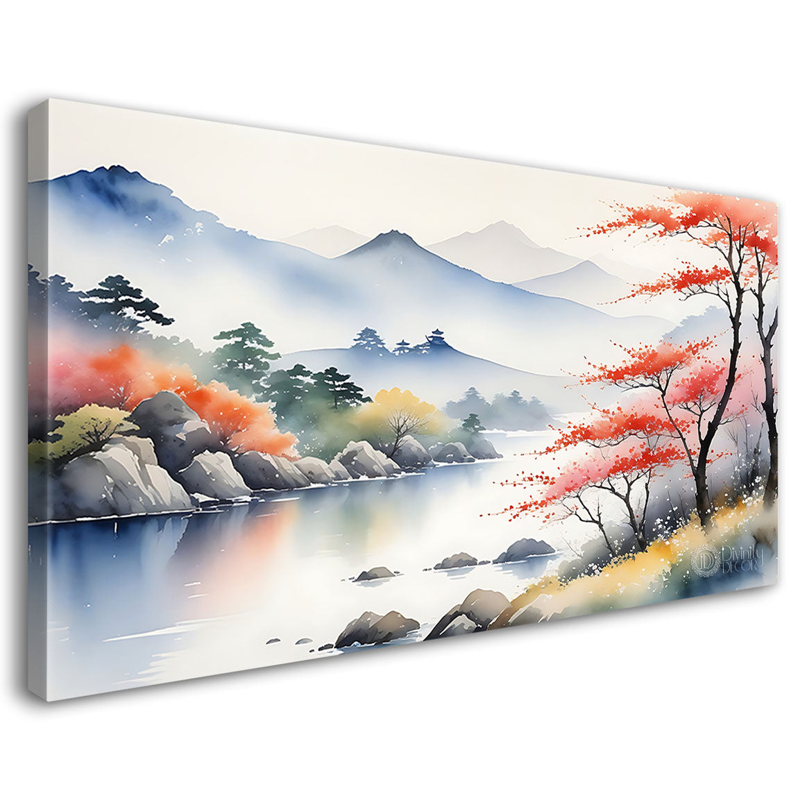 Mountains with pink trees and river in textured water color painting Canvas Painting - Nature Art -11