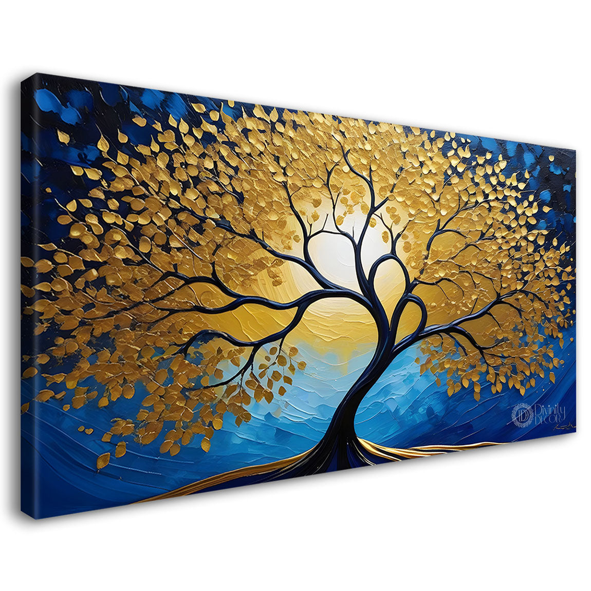 Golden tree with blue textured modern art Canvas Painting - Design - Tree-11