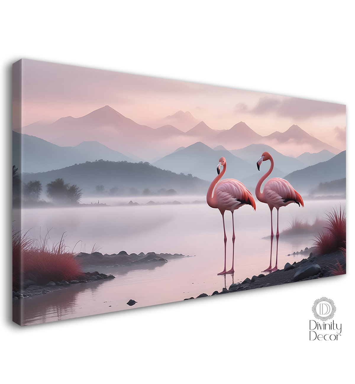 Two pink Flamingo with sea and mountains in pink background textured art.- Design - Animal -11