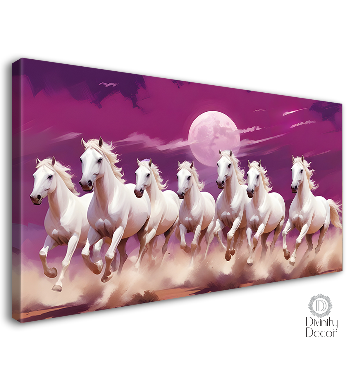White horses running with moon in purple textured background art Canvas Painting - Design - Horse-12