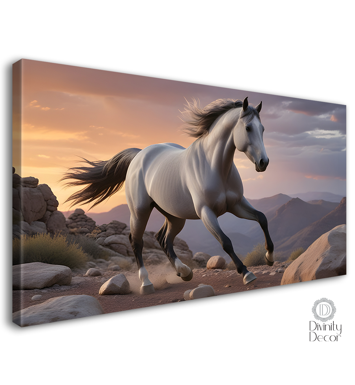 White running horse on the mountains with grey textured background art Canvas Painting - Design - Horse-120