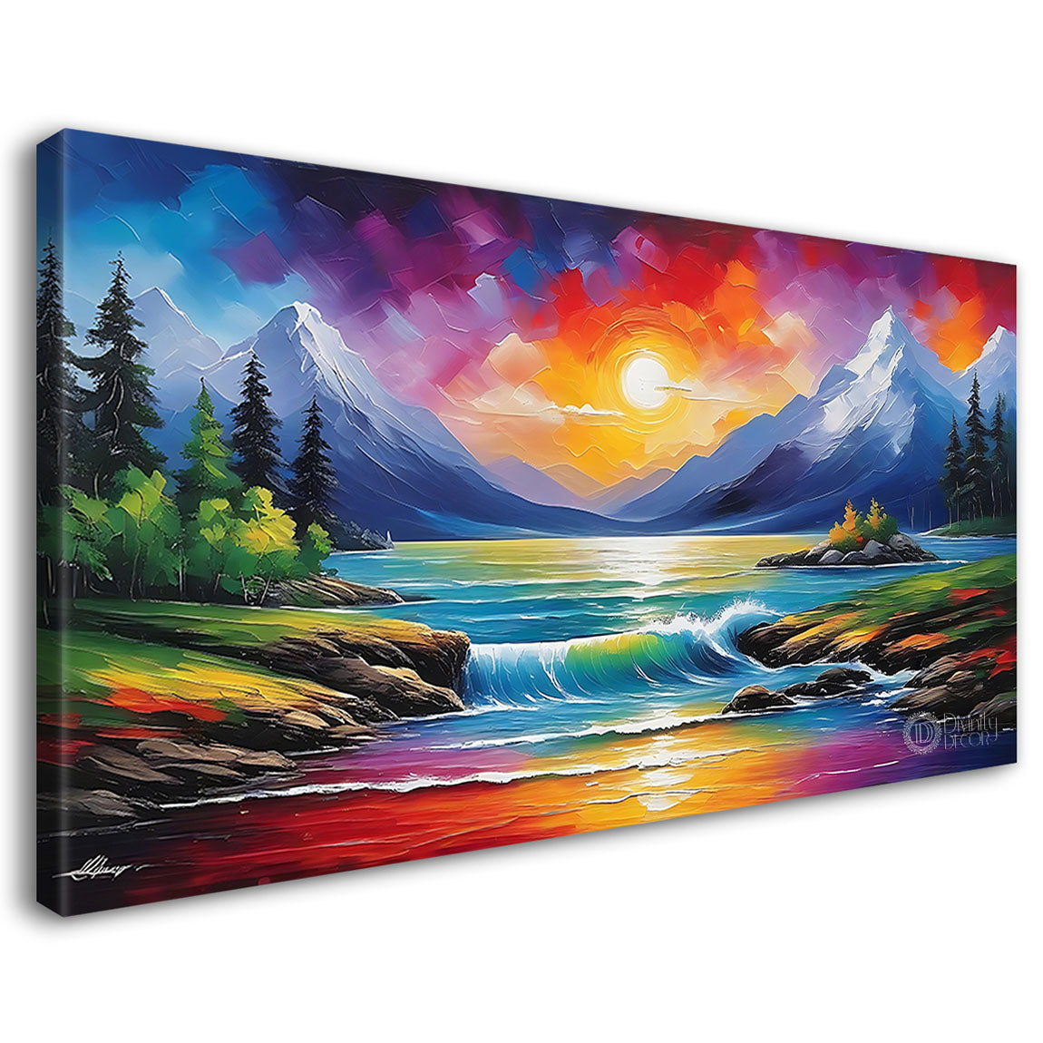 Mountains with river in colorful textured natural art Canvas Painting - Nature Art -120