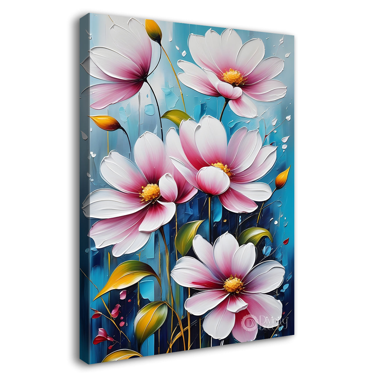 Pink flowers in blue textured background painting- Flower-V-120