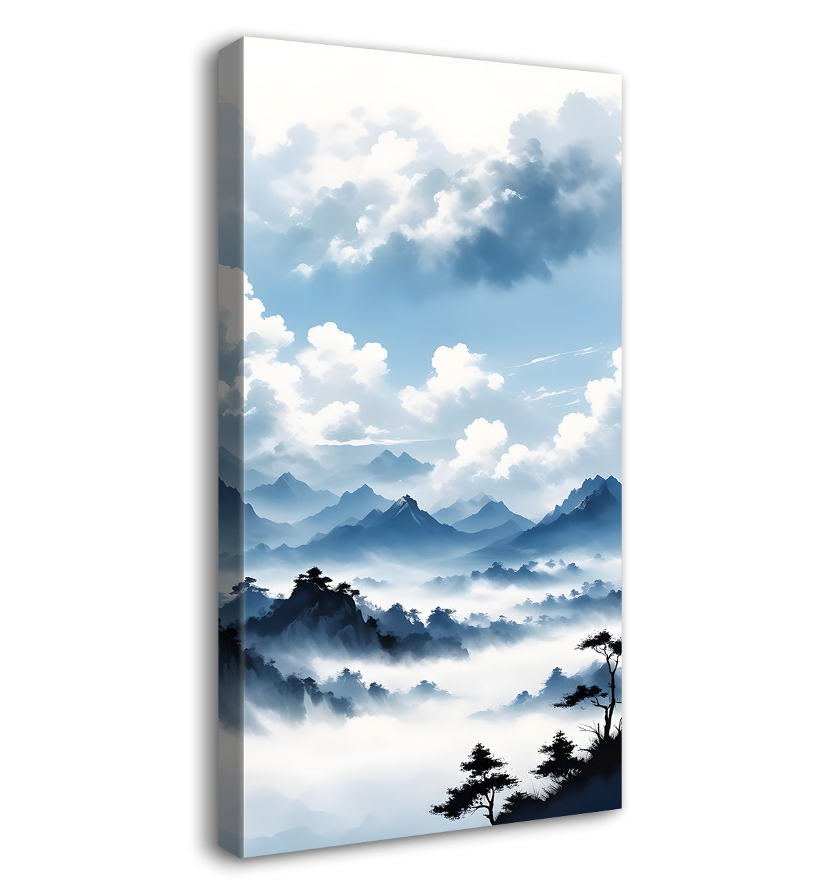 Mountains with river in cloudy sky in textured water colour painting Canvas Painting - Nature Art -V-120