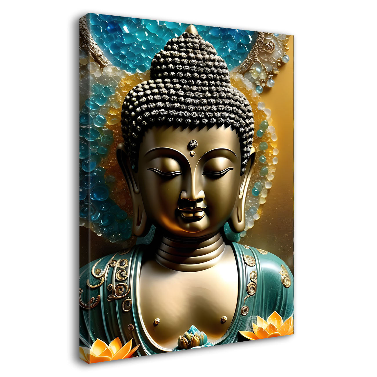 Golden buddha face with colourful background textured painting - Buddha-V-120