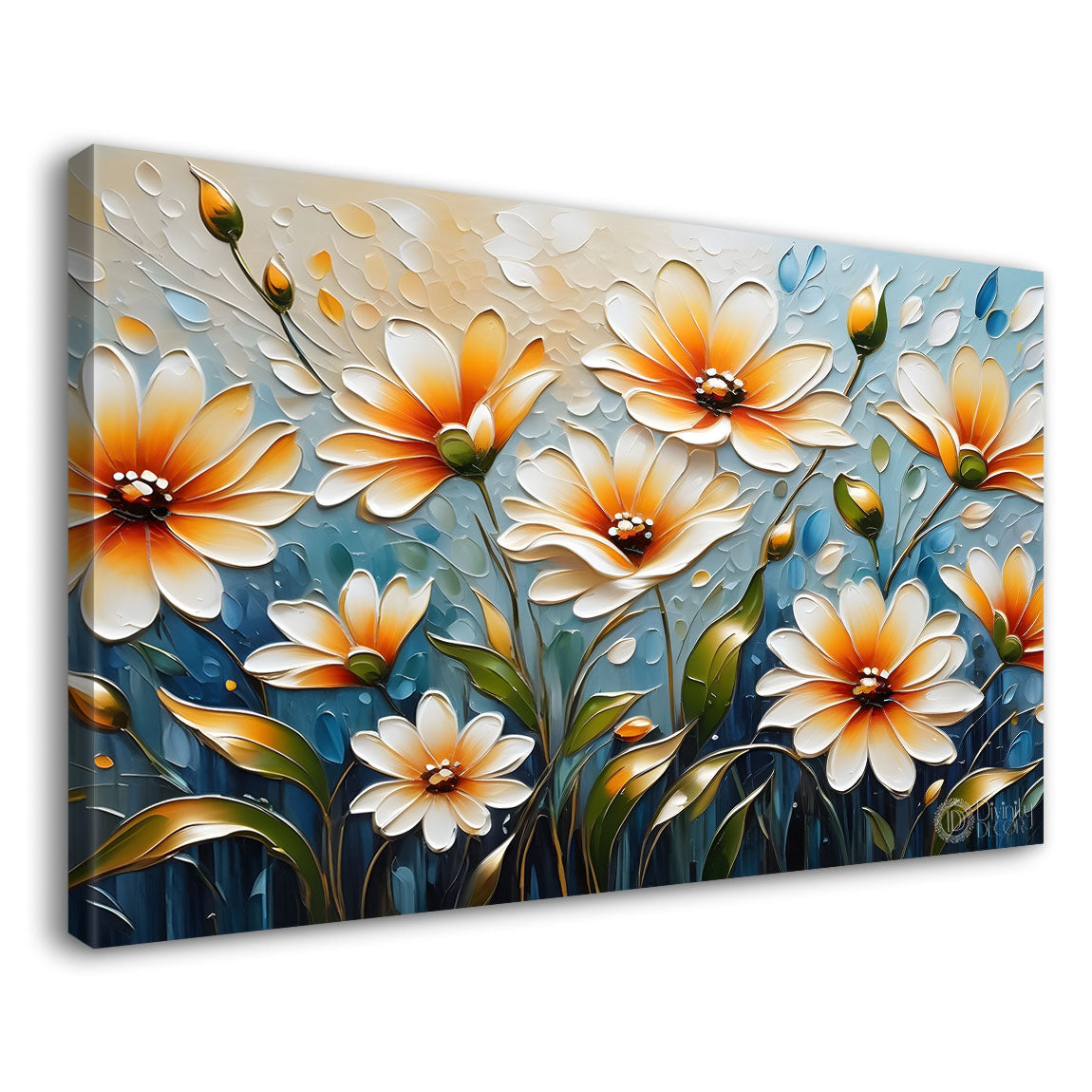White flowers with blue textured background painting- Design - Flower-120