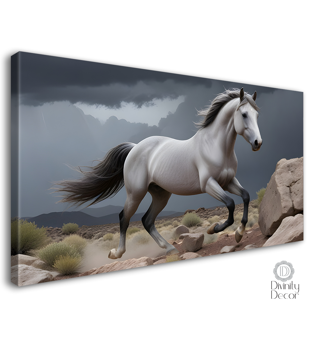 White running horse on the mountains with grey textured background art Canvas Painting - Design - Horse-121