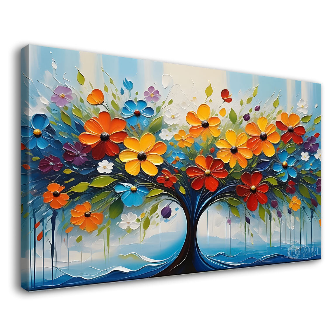 Colorful flowers tree with blue textured background painting- Design - Flower-121