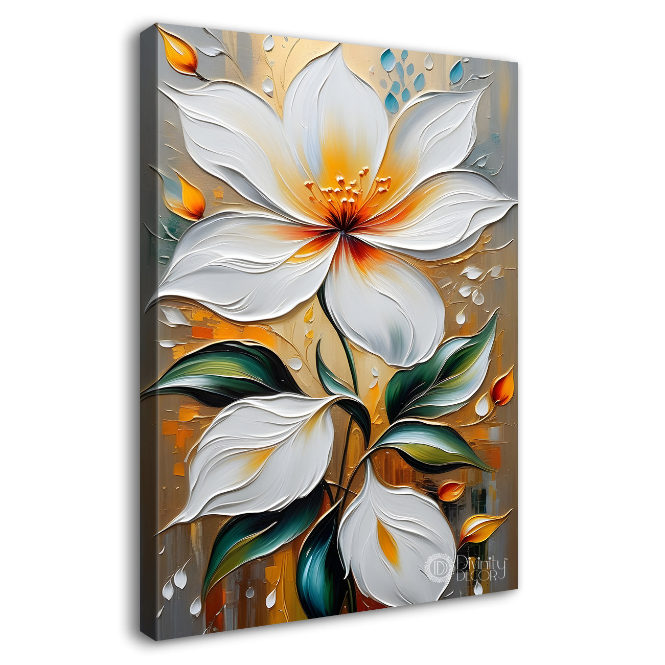 White flower in light brown textured painting- Flower-V-121