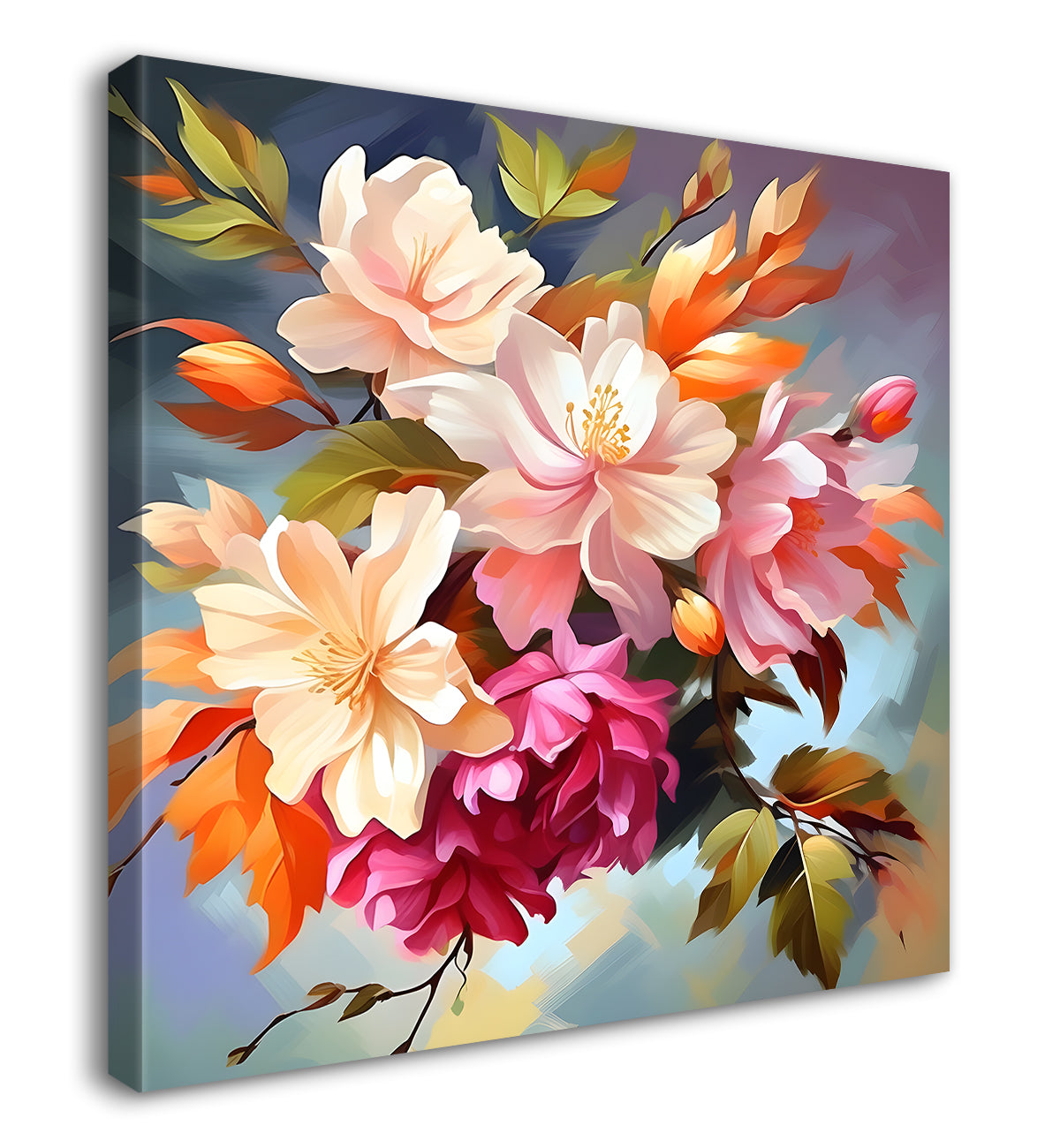 Pink flowers in blue background textured painting - Flower-S-121