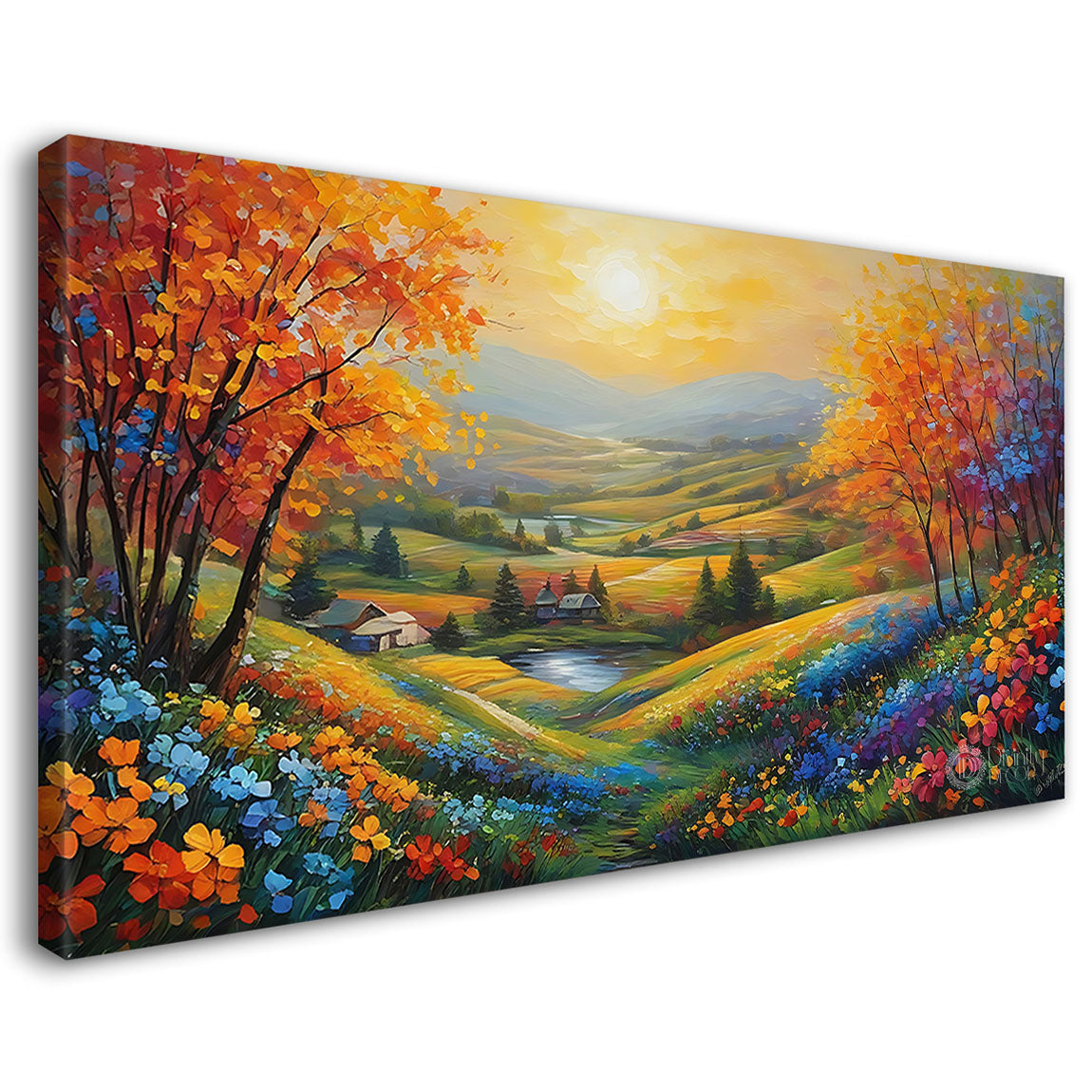 colorful trees with land slides and houses in textured water color art Canvas Painting - Nature Art -121