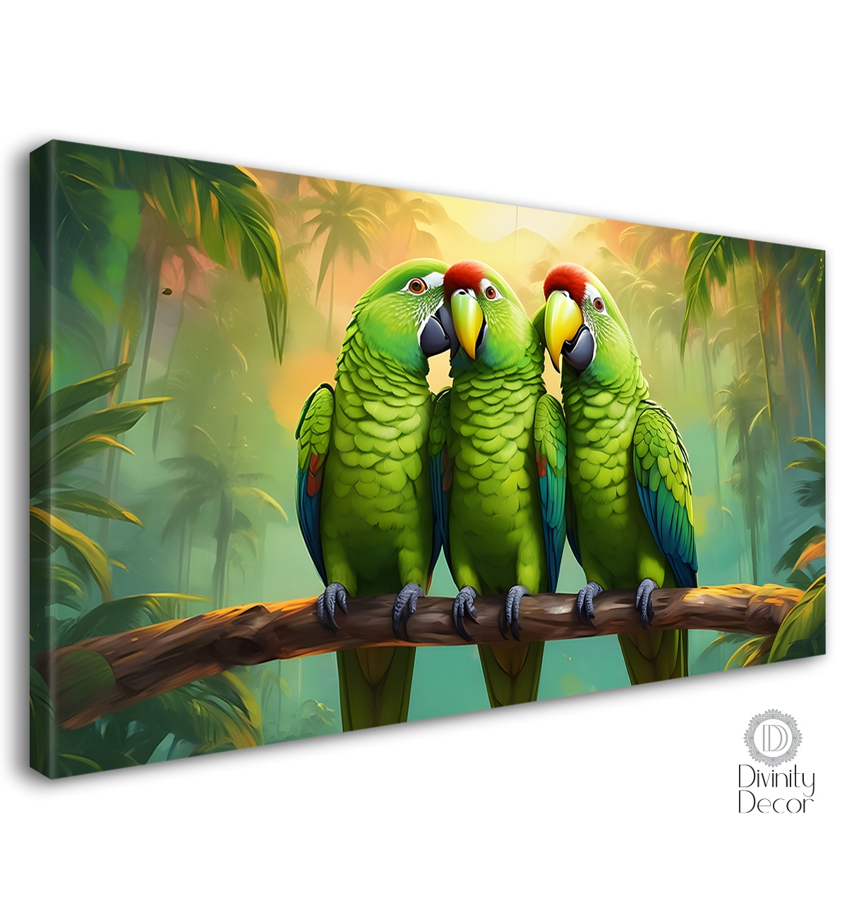 Three green parrots on the branch textured art. - Design - Animal - 121