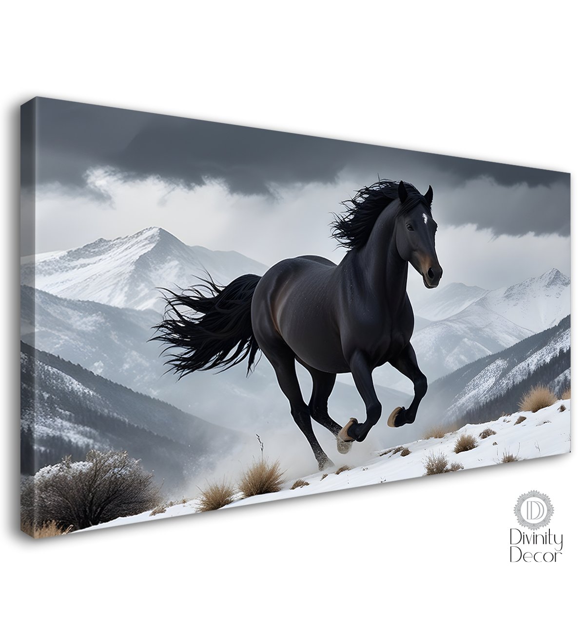 Black running horse on the white mountains with white textured background art Canvas Painting - Design - Horse-122