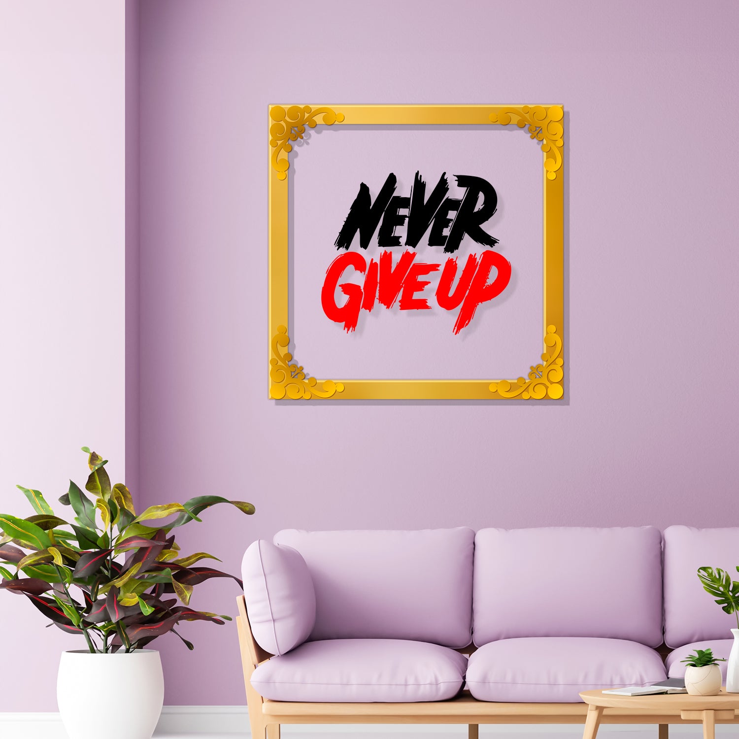 Never give up Golden Plaque for Gifting, Wall Decor Clear UV print with Golden Border-122