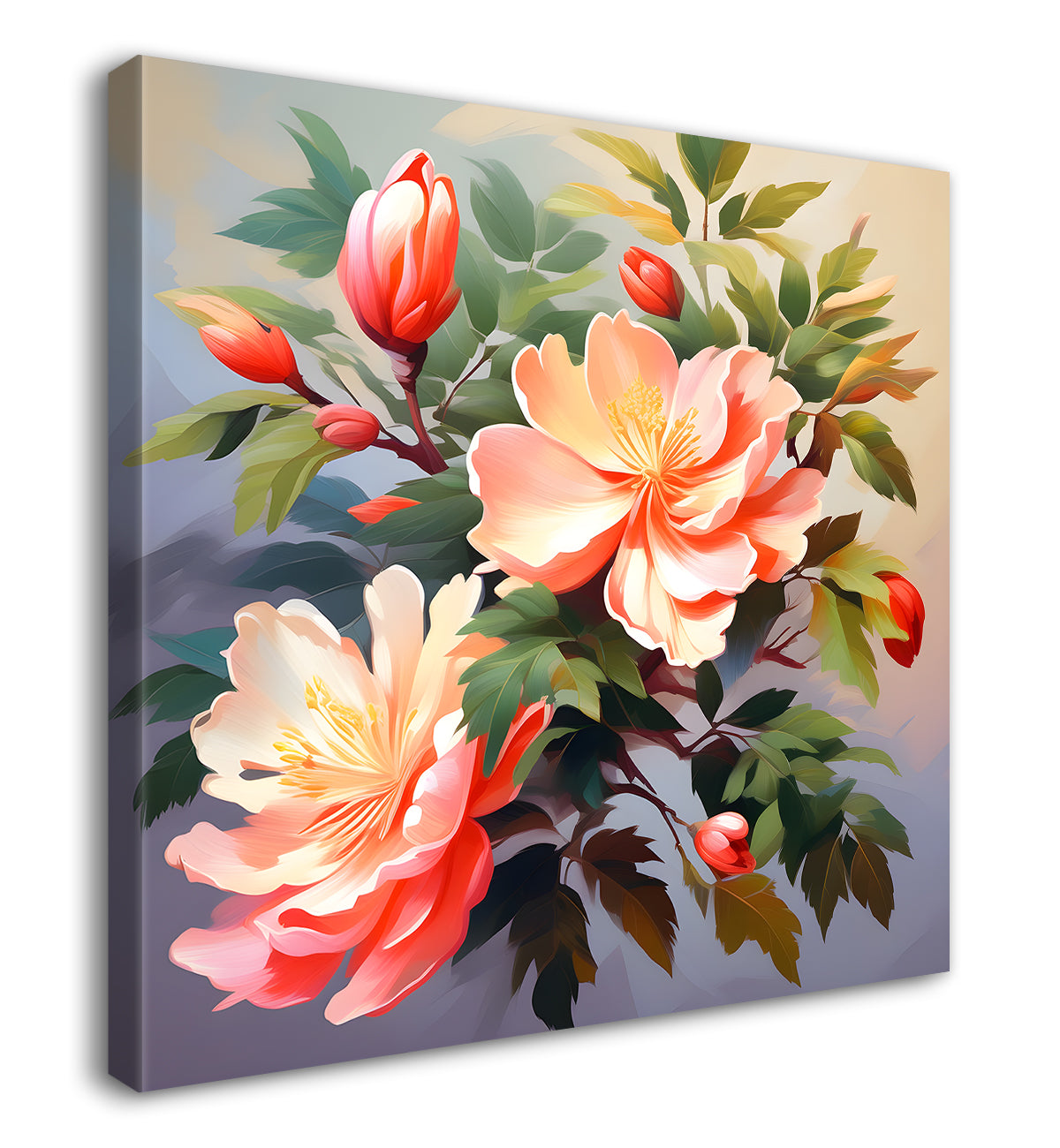 Pink flowers in grey background textured painting - Flower-S-122