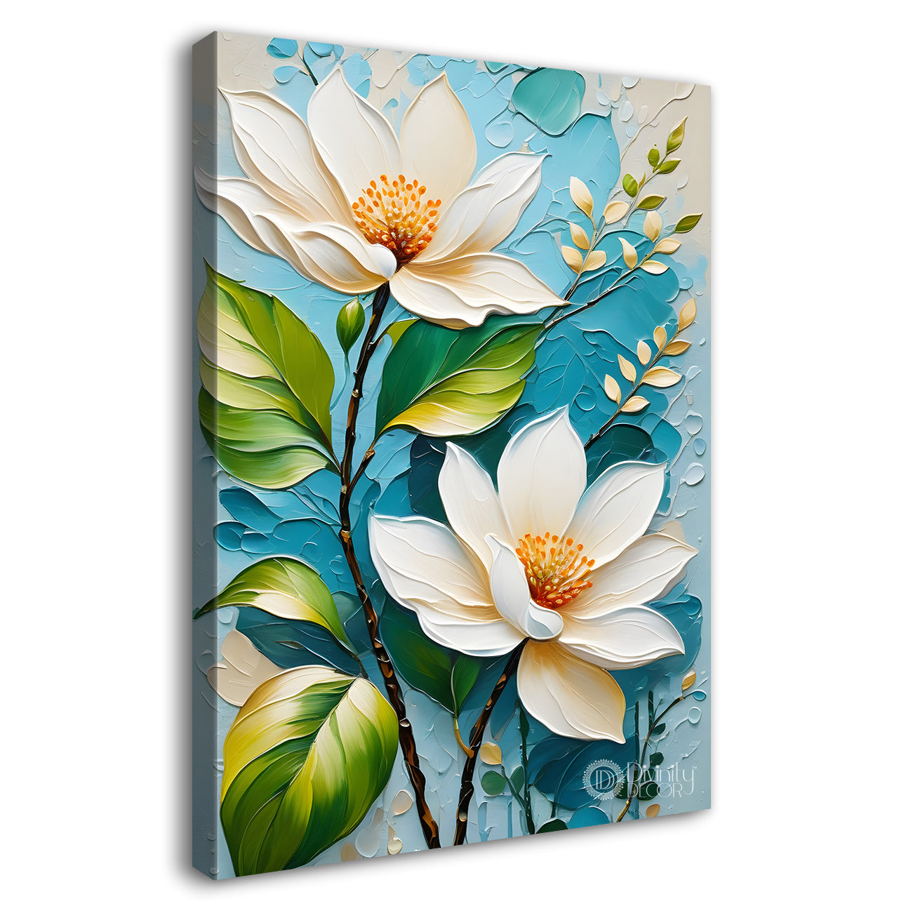 White flowers in sky blue textured background painting- Flower-V-122