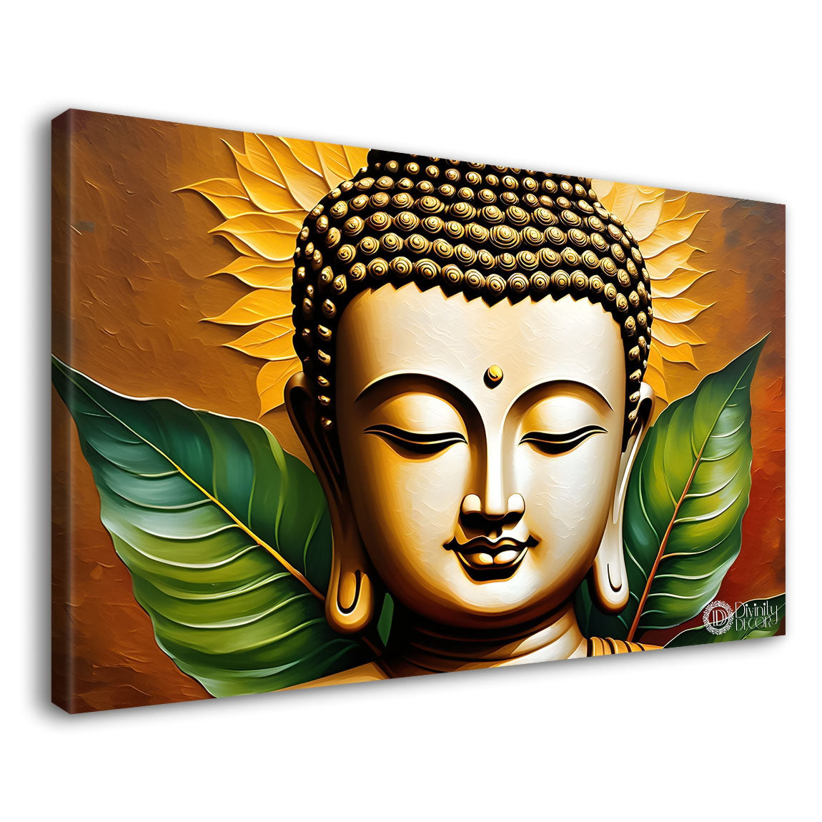 Buddha with leaves background textured painting Canvas Wall Painting - Buddha-122