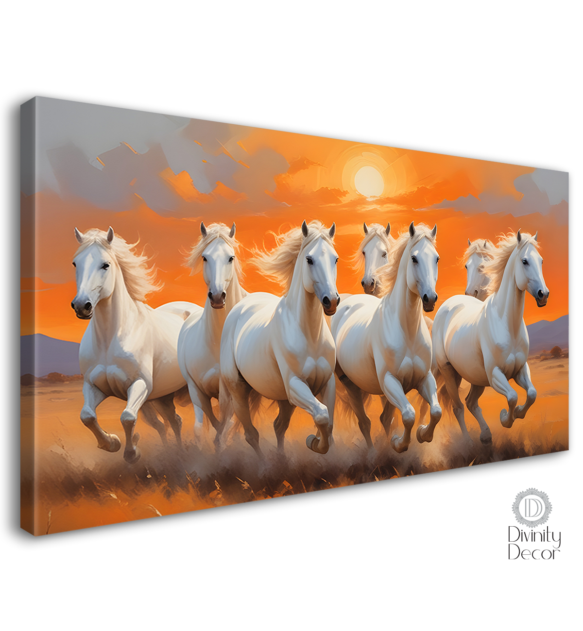 White running horses on the grass with sunrise textured background art Canvas Painting - Design - Horse-123