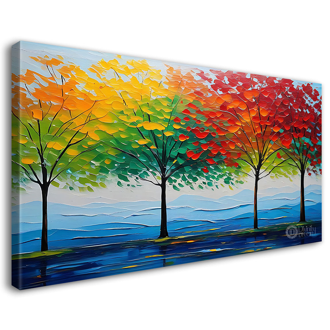 colorful trees with blue background in textured art Canvas Painting - Nature Art -123