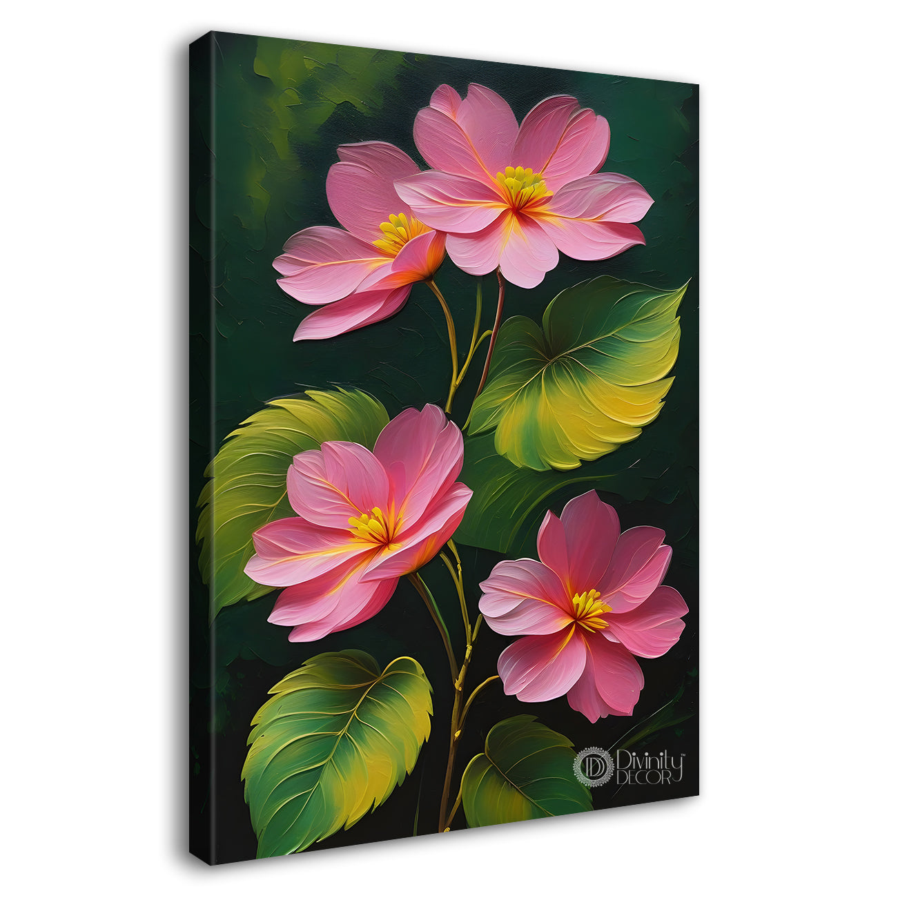 Pink flowers in green textured background painting- Flower-V-123