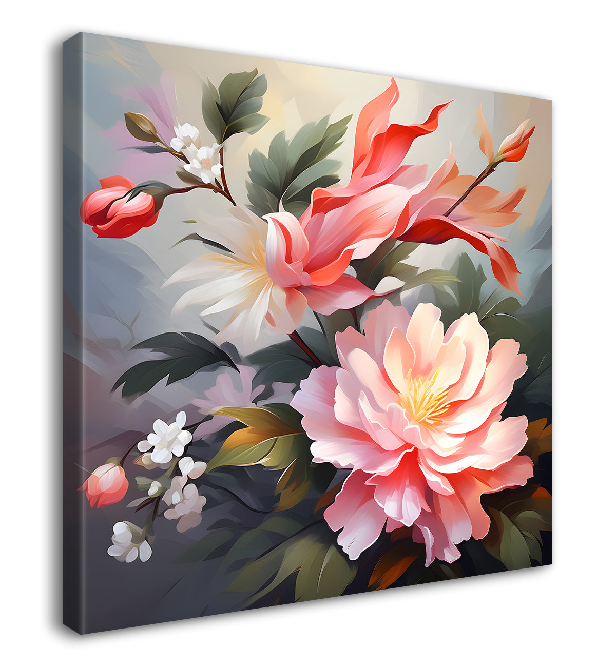 Pink flowers in grey background textured painting - Flower-S-123