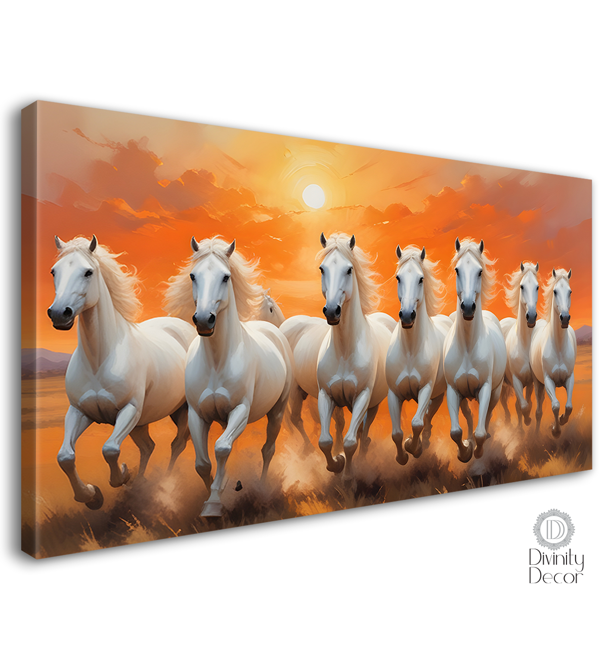 White running horses on the grass with sunrise textured background art Canvas Painting - Design - Horse-124
