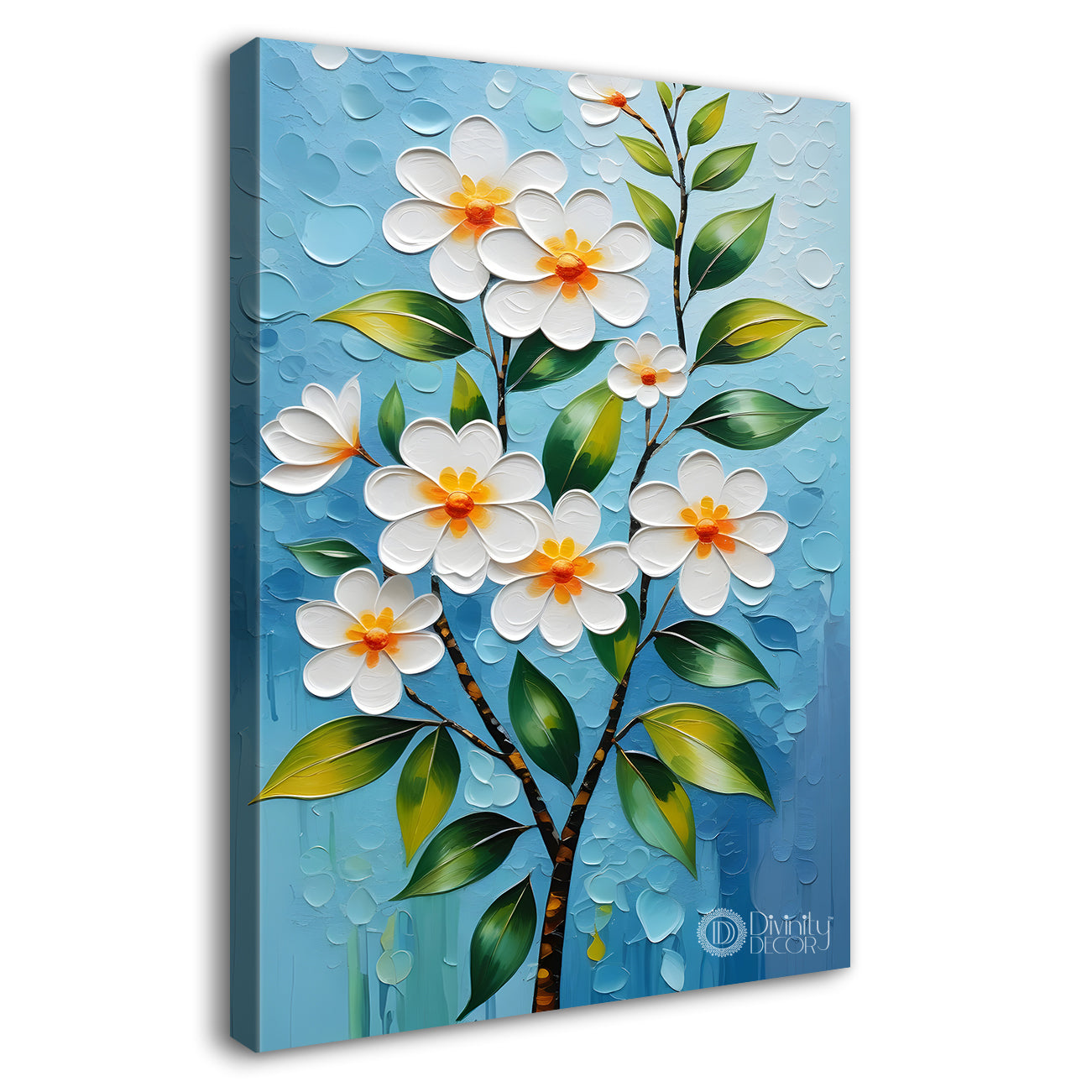 White flowers in sky blue textured background painting- Flower-V-124