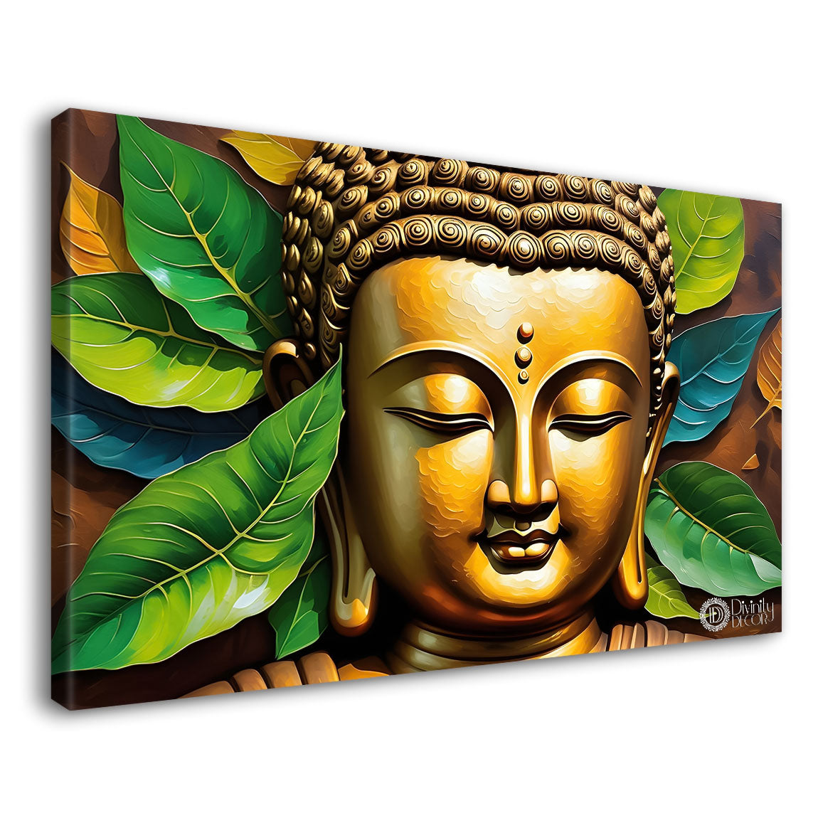 Golden with leaves background textured painting Canvas Wall Painting - Buddha-124