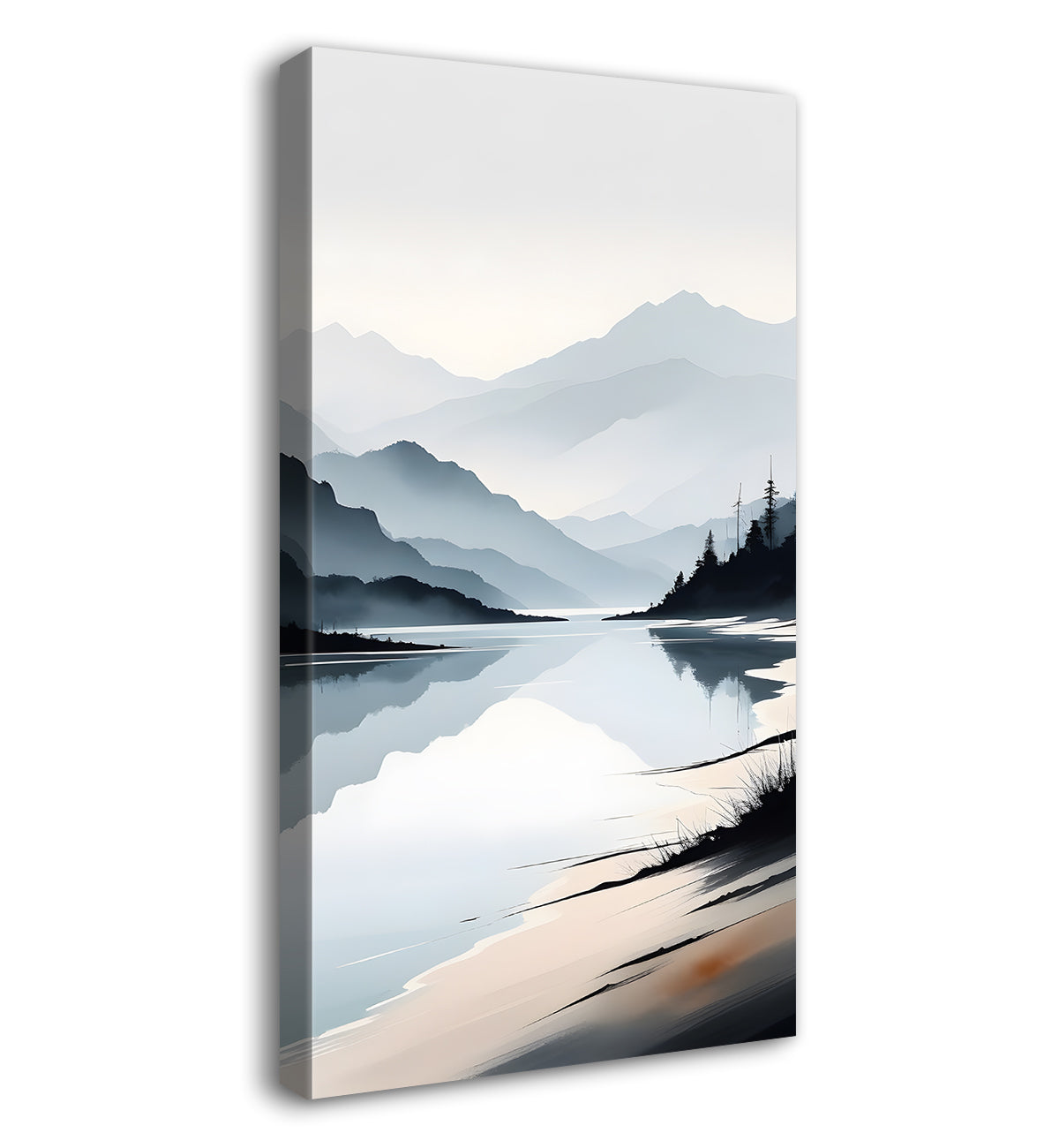 Mountains with river and trees in grey textured water colour painting Canvas Painting - Nature Art -V-124