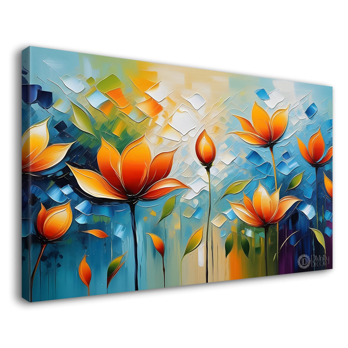 Orange flowers with blue textured background painting- Design - Flower-124