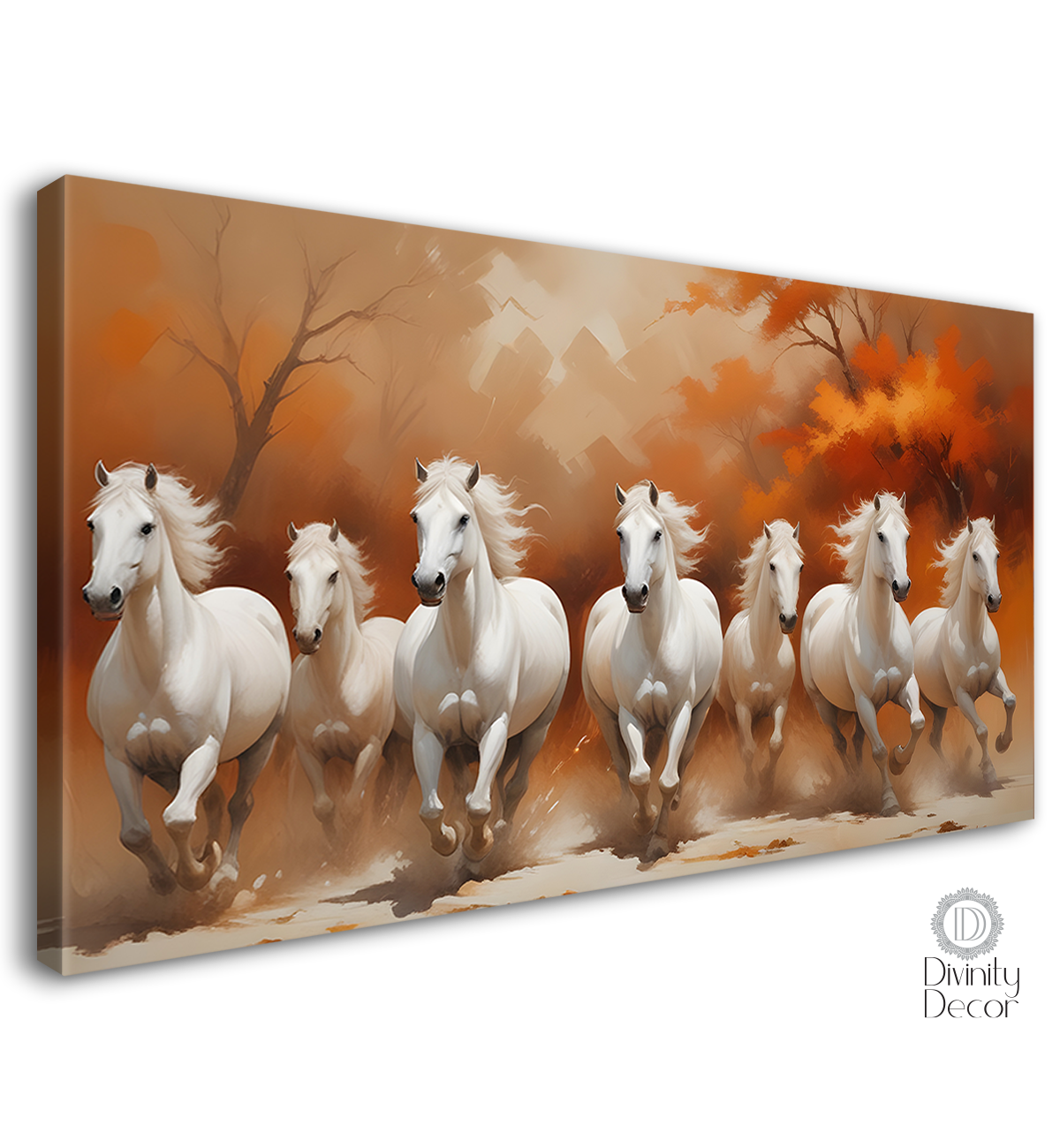 White running horses with orange trees textured background art Canvas Painting - Design - Horse-125
