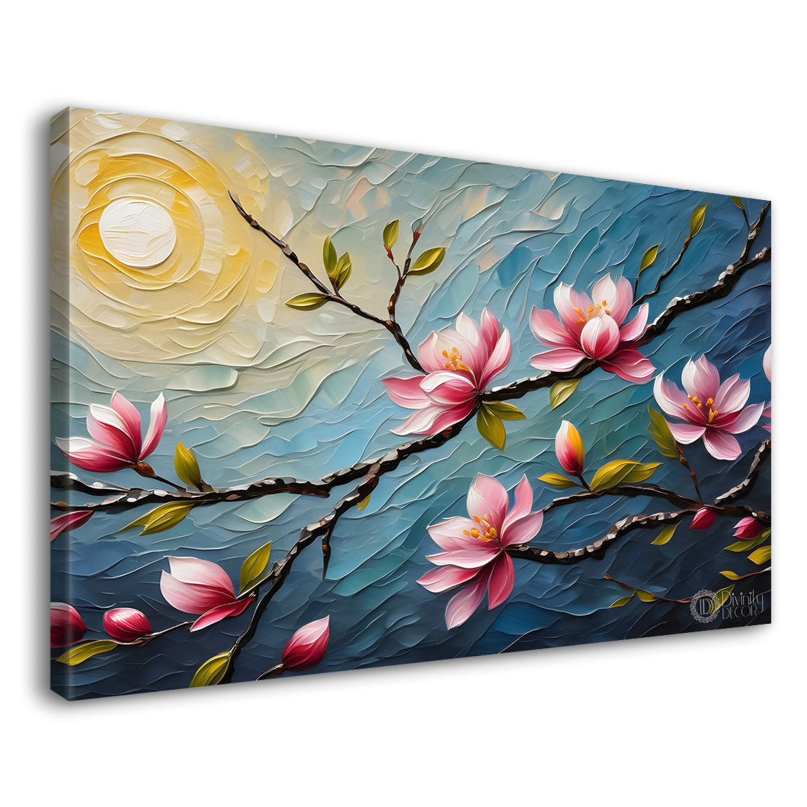 Pink flowers with blue textured background painting- Design - Flower-125