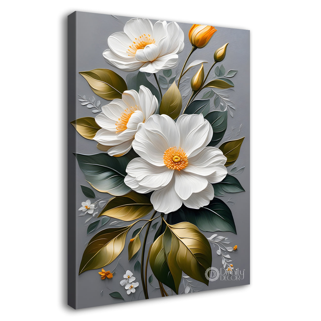 White flowers in grey textured background painting- Flower-V-125