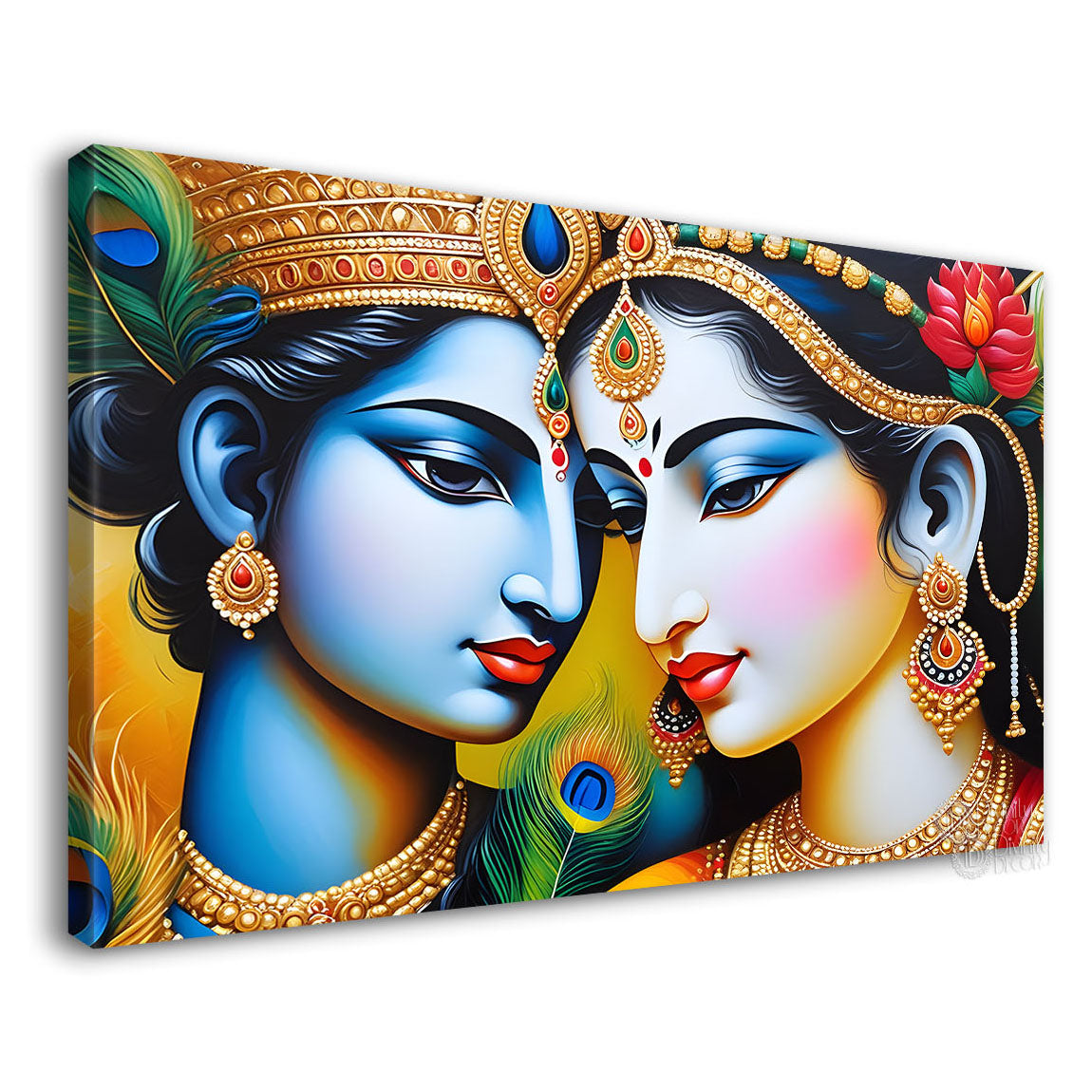 Blue face of Krishna and Radha with yellow background painting Canvas Painting - Design - Krishna-126