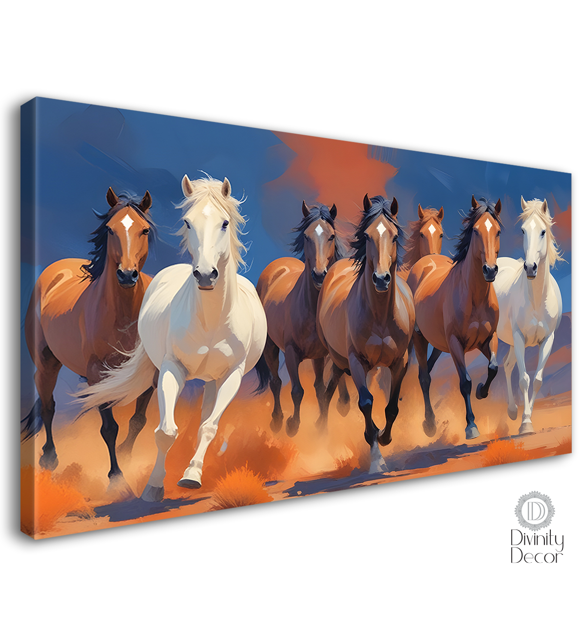 White and brown horses with orange and blue textured background art Canvas Painting - Design - Horse-126