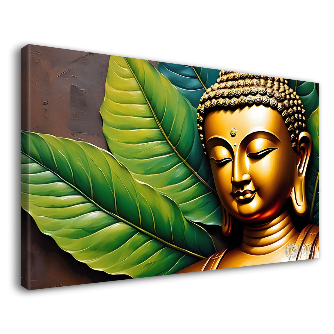 Golden buddha with leaves background textured painting Canvas Wall Painting - Buddha-126