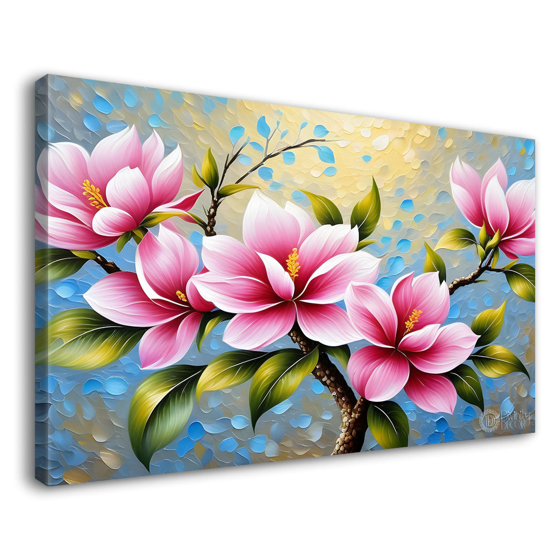Pink flowers with blue textured background painting- Design - Flower-126