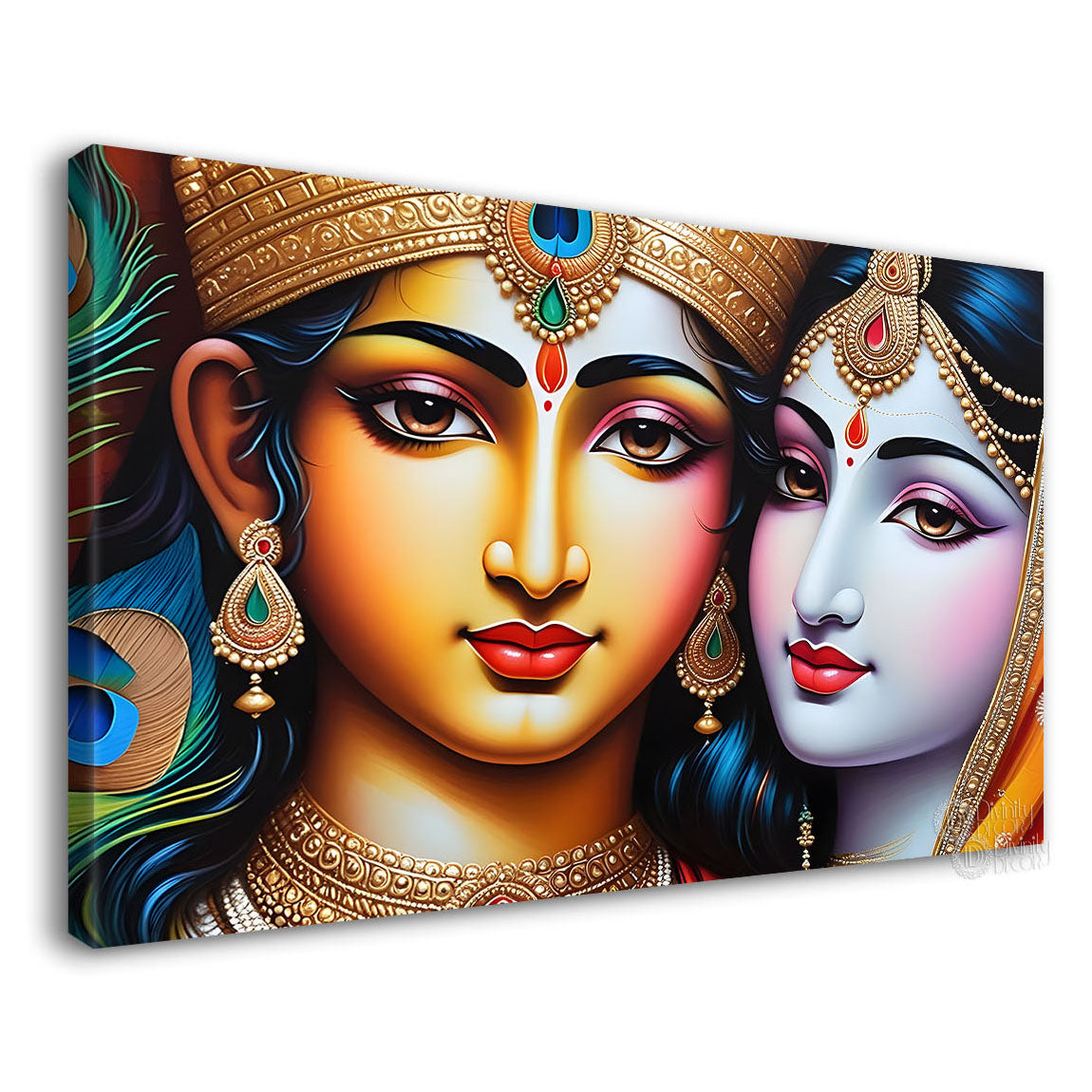 Blue face of Krishna and Radha with peacock feather background painting Canvas Painting - Design - Krishna-127
