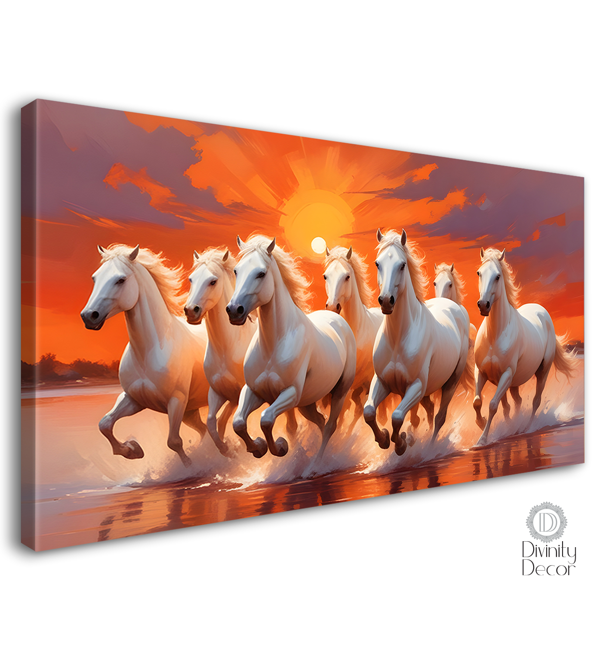 White horses running on the water with sunset textured background art Canvas Painting - Design - Horse-127