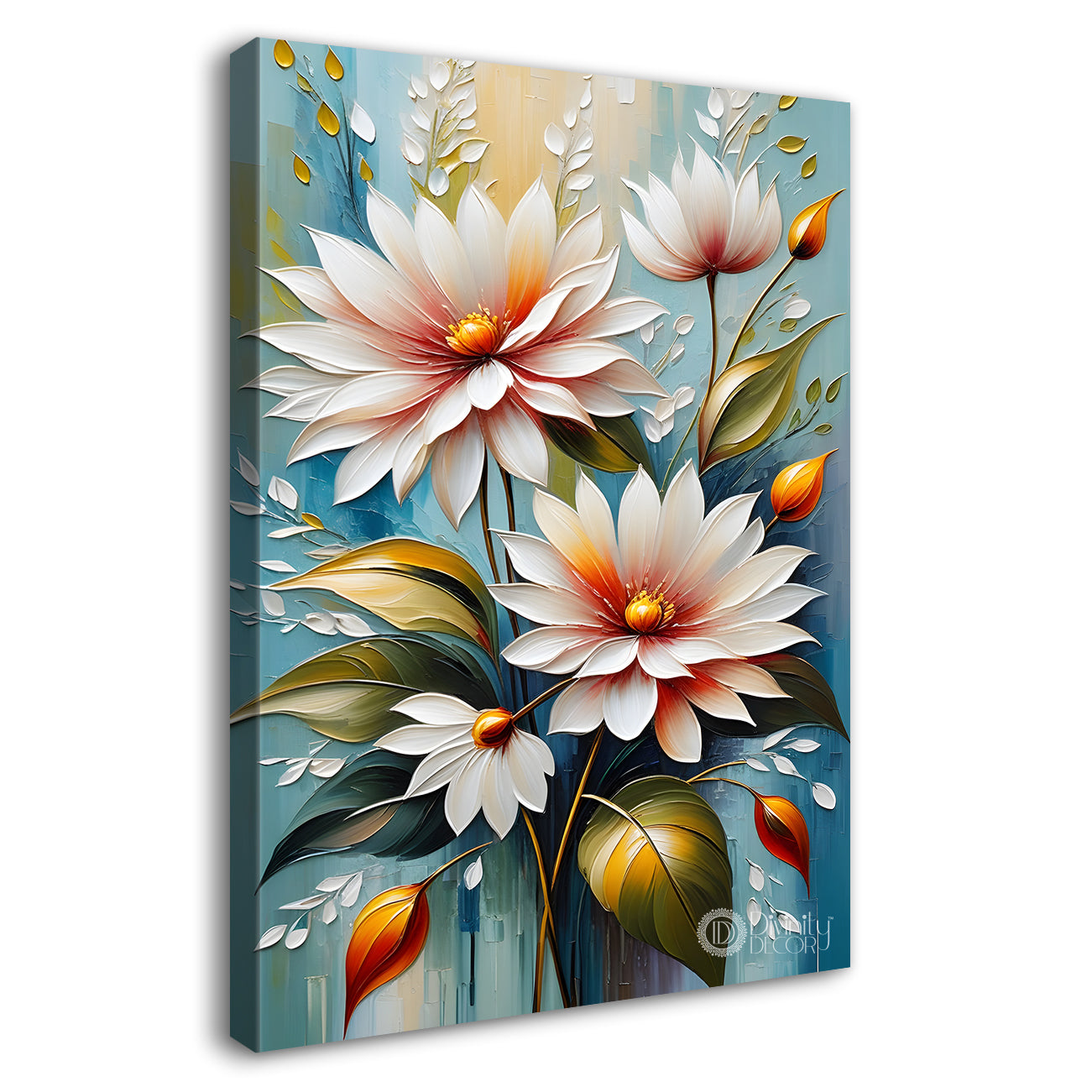 Pink flowers in sky blue textured background painting- Flower-V-127