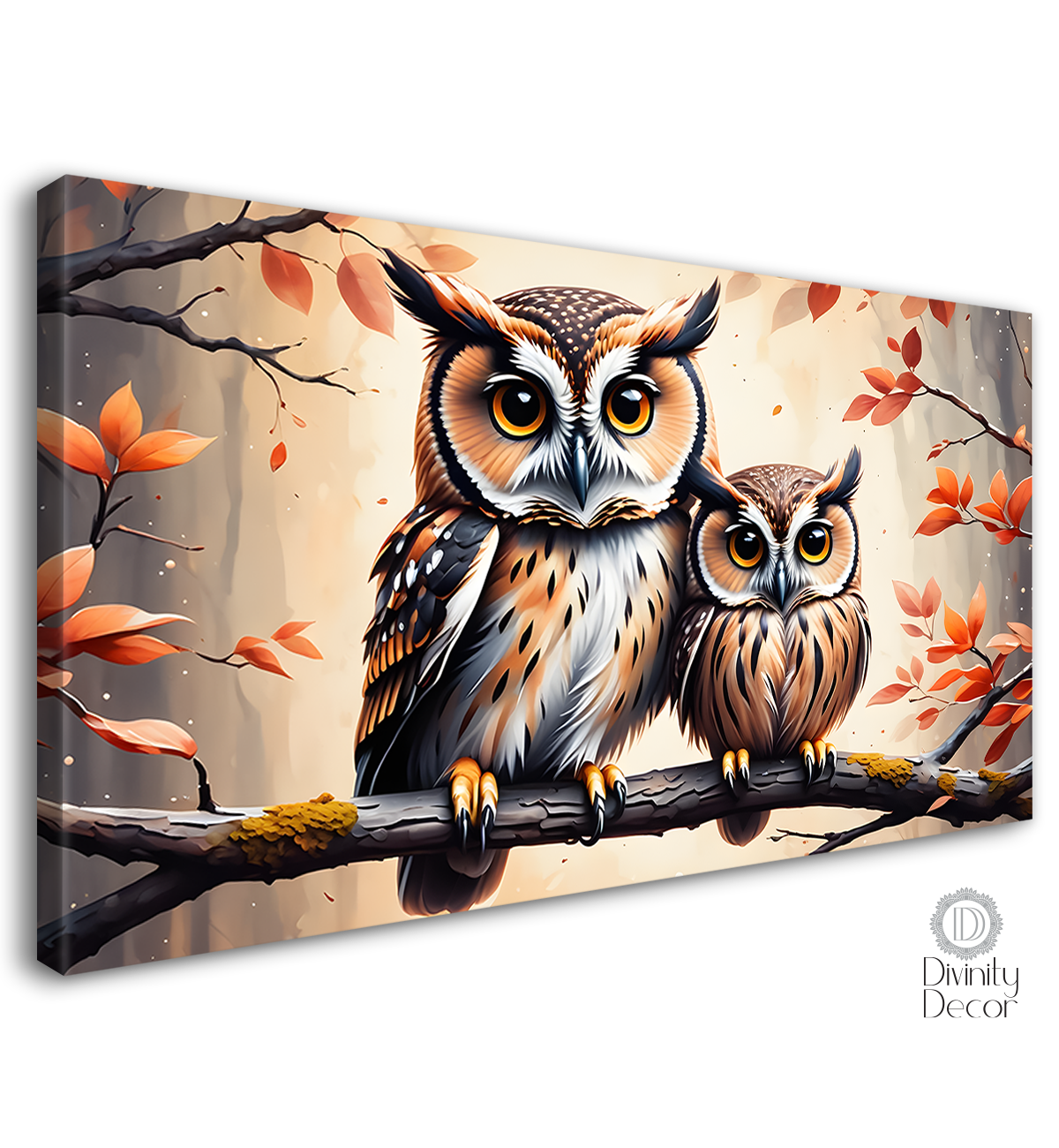 Two owls on the branch with orange flowers in grey background textured art. - Design - Animal - 127