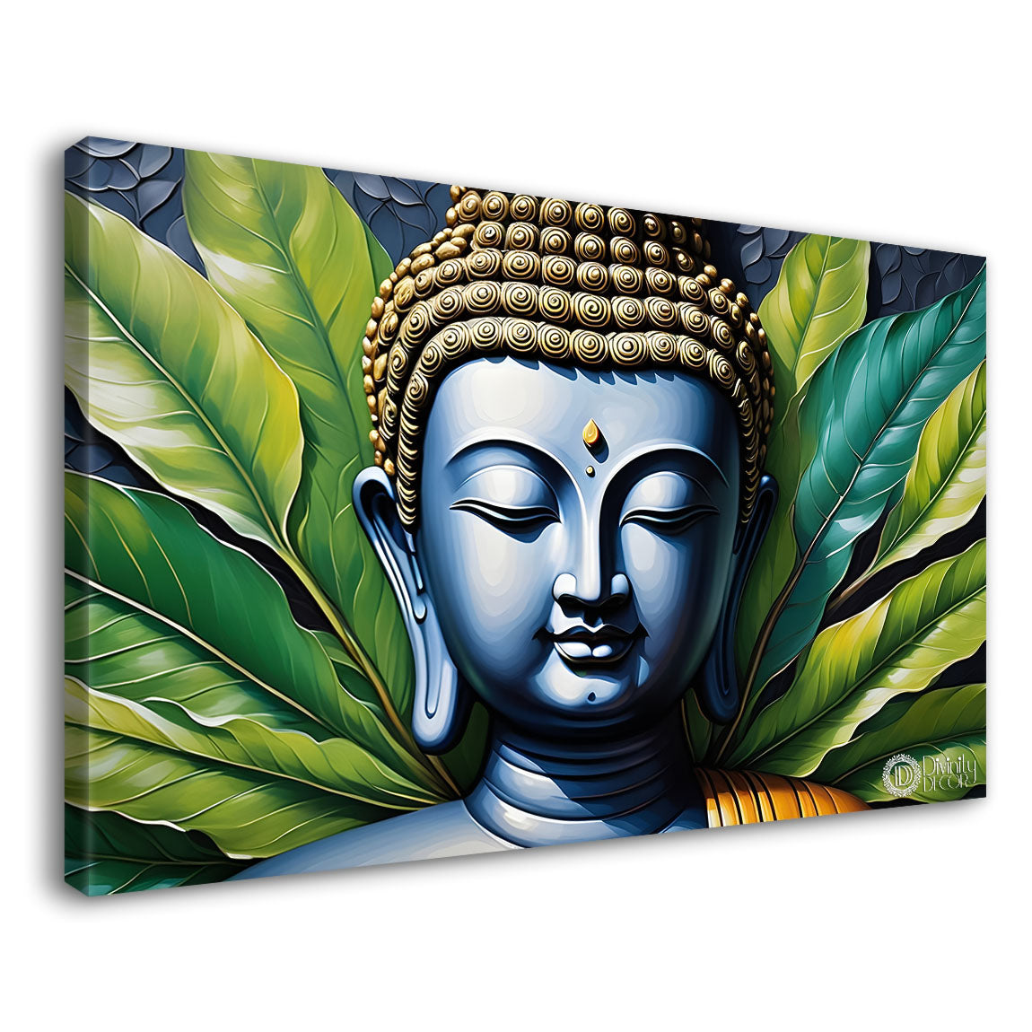 Buddha with leaves background textured painting Canvas Wall Painting - Buddha-127
