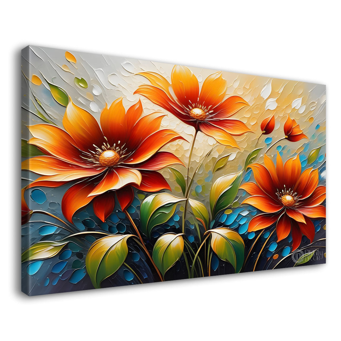 Orange flowers with grey textured background painting- Design - Flower-127