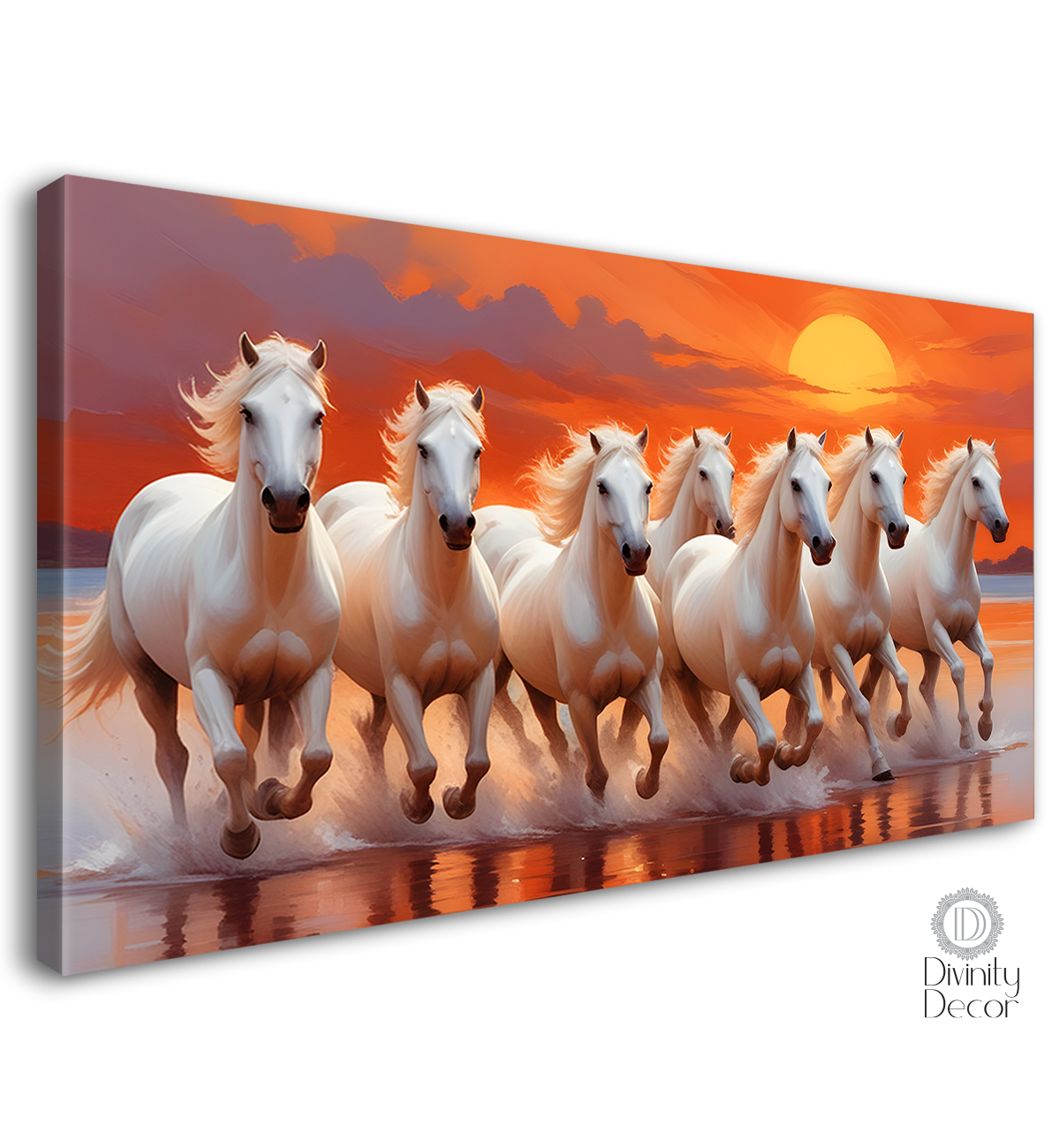 White horses running on the water with sunset textured background art Canvas Painting - Design - Horse-128