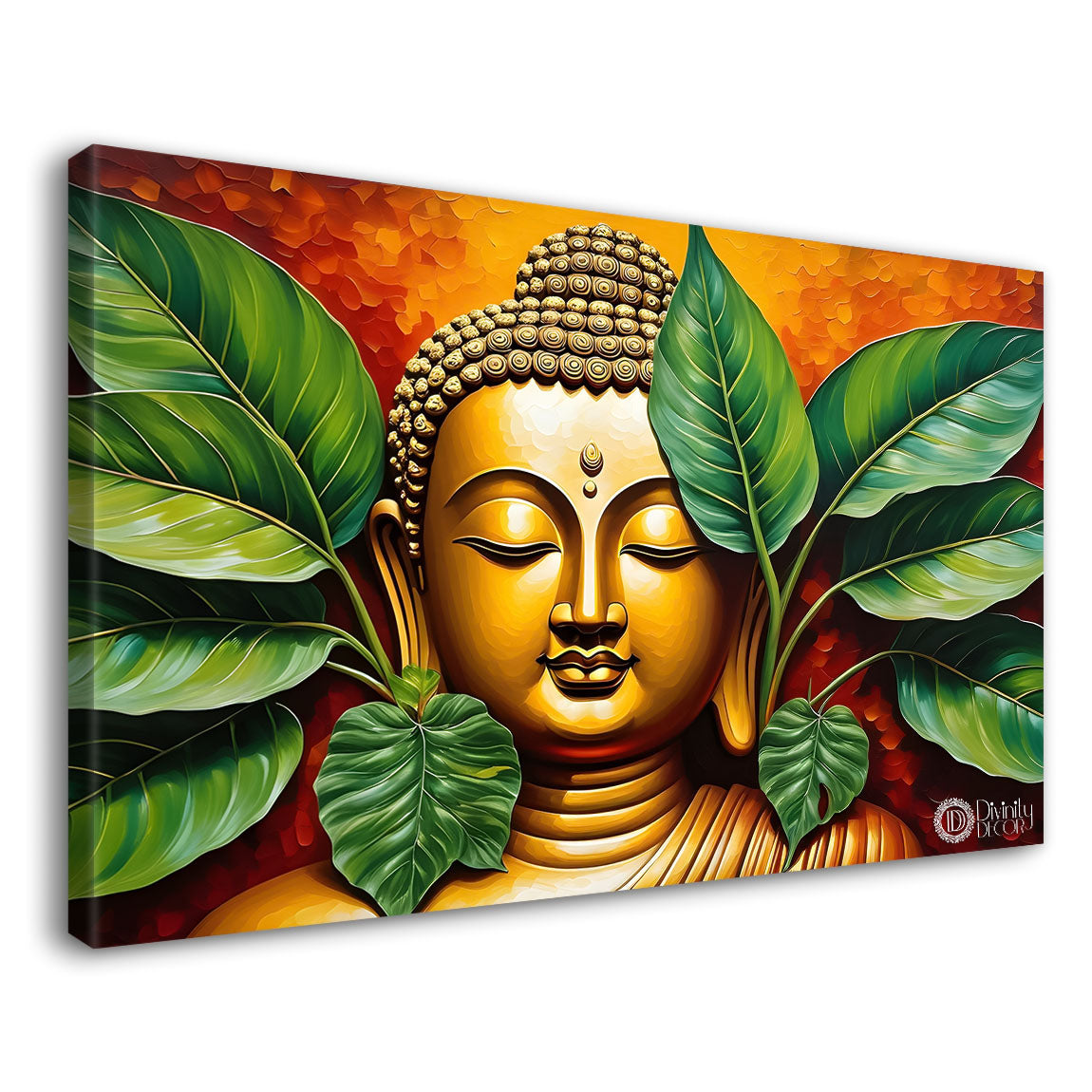Golden buddha with leaves background textured painting Canvas Wall Painting - Buddha-128