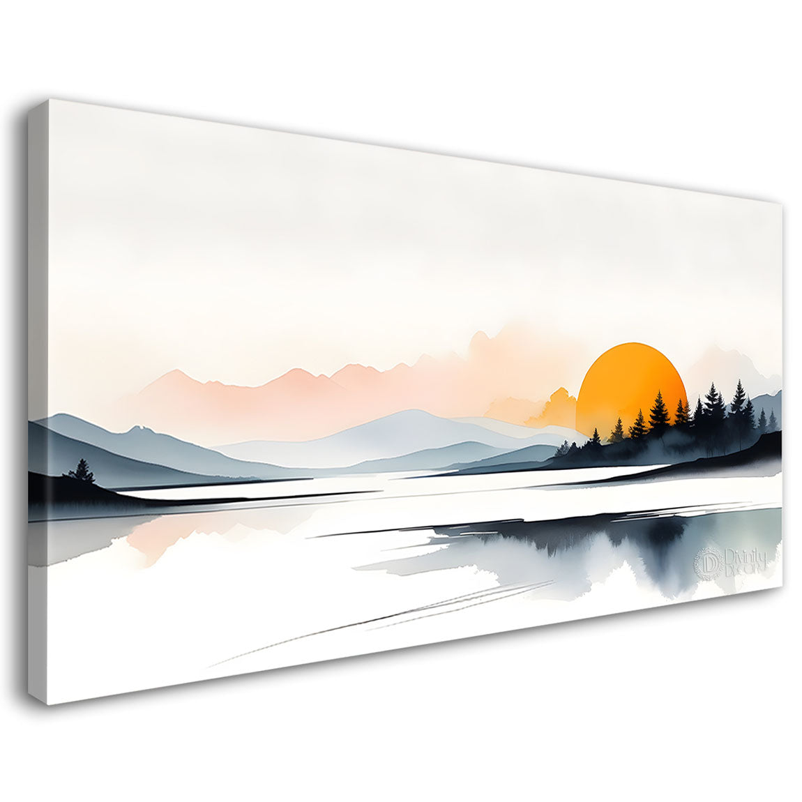 Mountains with trees and river in sunset in textured water color painting Canvas Painting - Nature Art -128