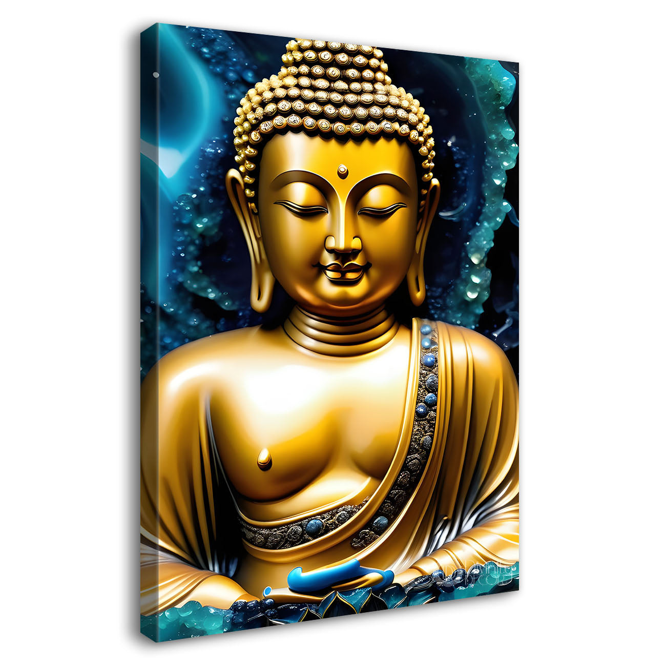 Golden buddha with blue background textured painting - Buddha-V-128